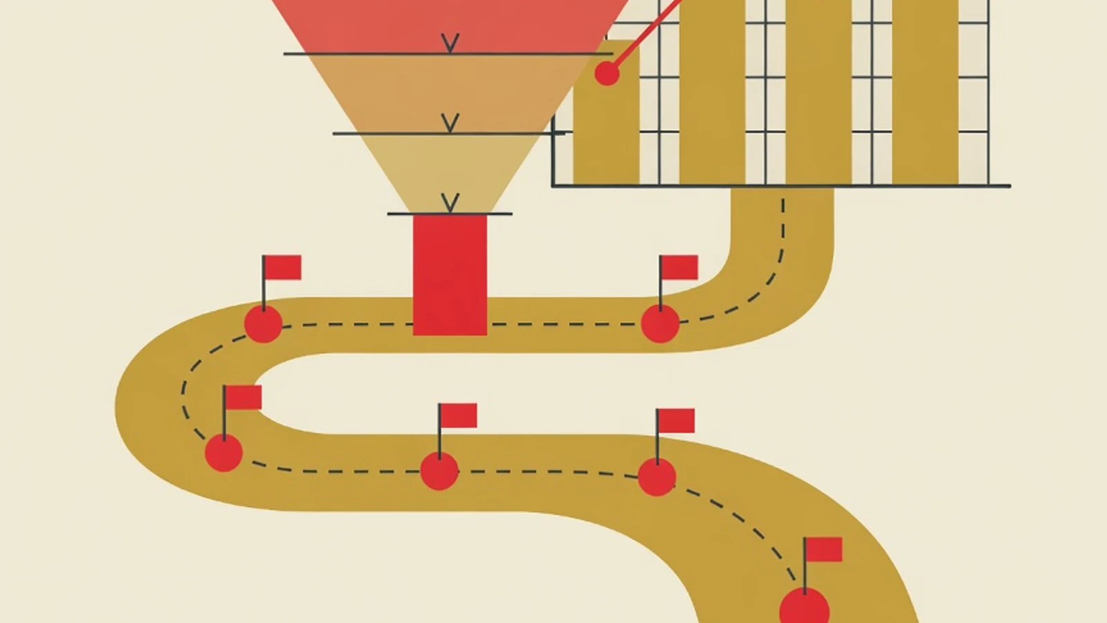 Flat illustration of a winding roadmap path with stage markers, a layered funnel diagram, and an analytics chart as a digital marketing learning map