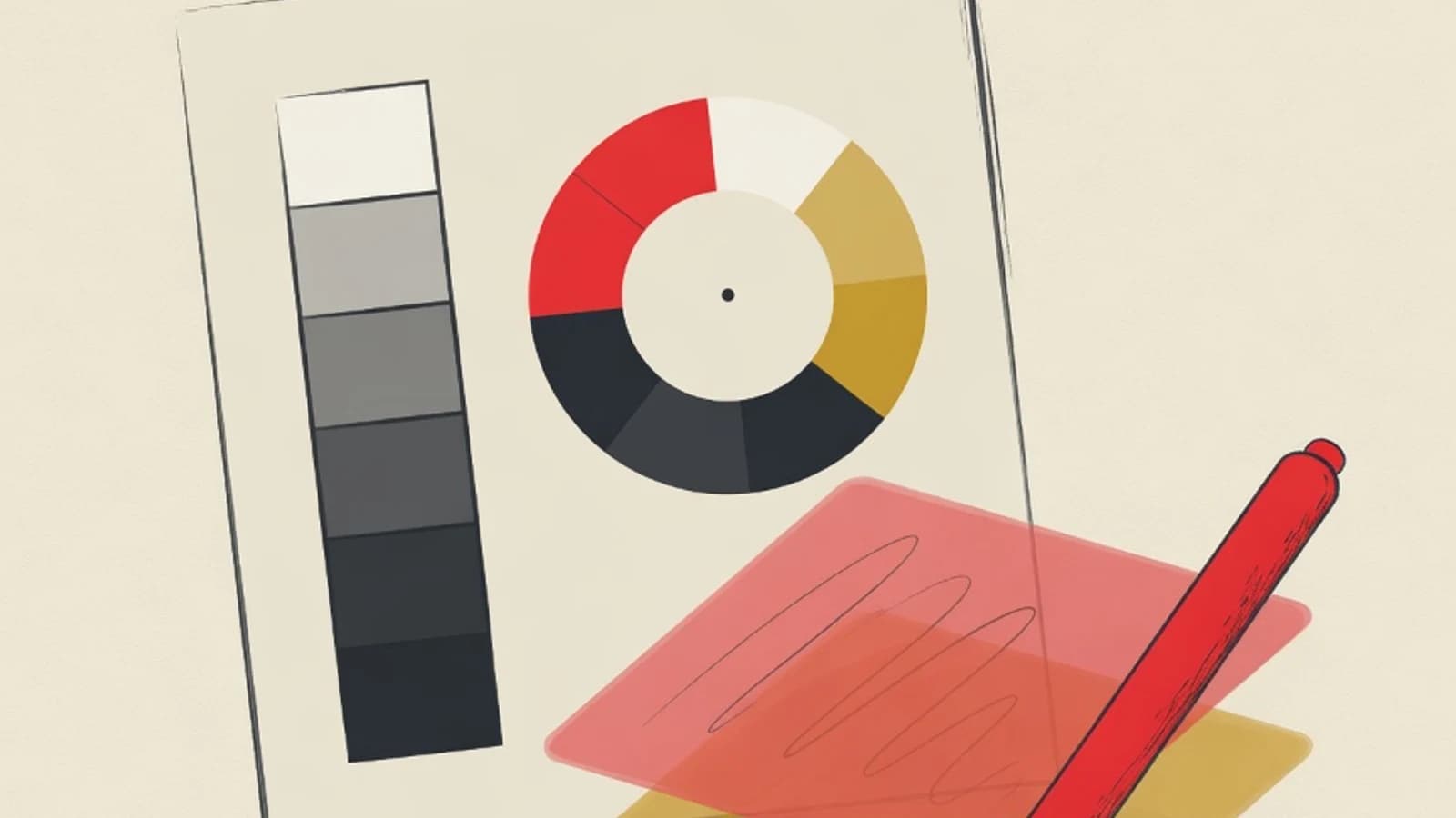 Flat illustration of digital painting basics: a canvas with a value scale, a color wheel, and a stack of layers