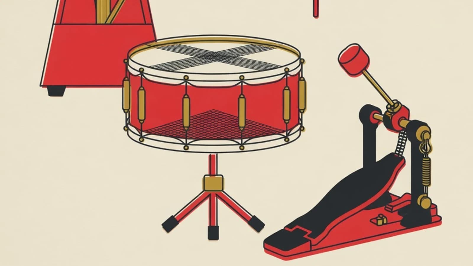 Flat illustration of a hi-hat, snare, bass drum pedal, and metronome in the EduPoint brand palette