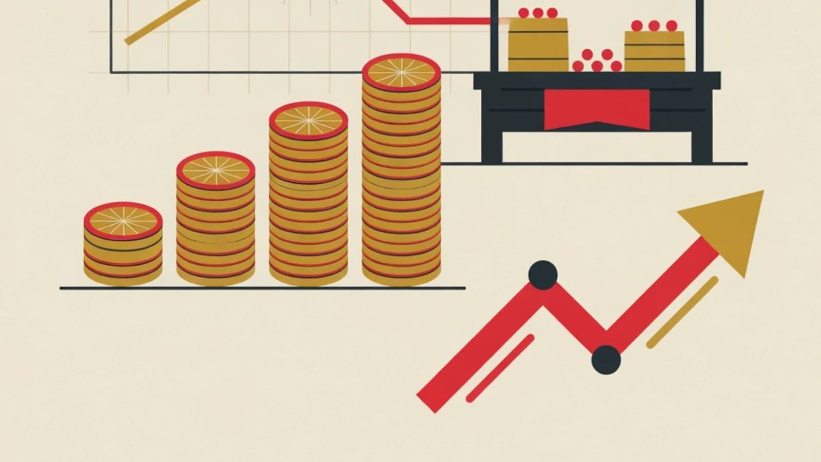 Flat vector illustration of microeconomics and macroeconomics concepts: demand and supply curves, stacked coins forming a bar chart, a small market stall, and a national growth line arrow