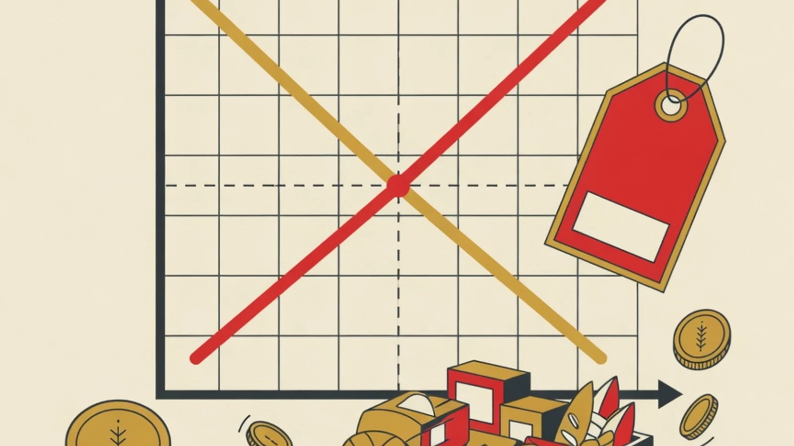 Ilustrasi flat kurva permintaan dan penawaran berpotongan dengan label harga, peti barang, dan koin bergaya editorial brand EduPoint