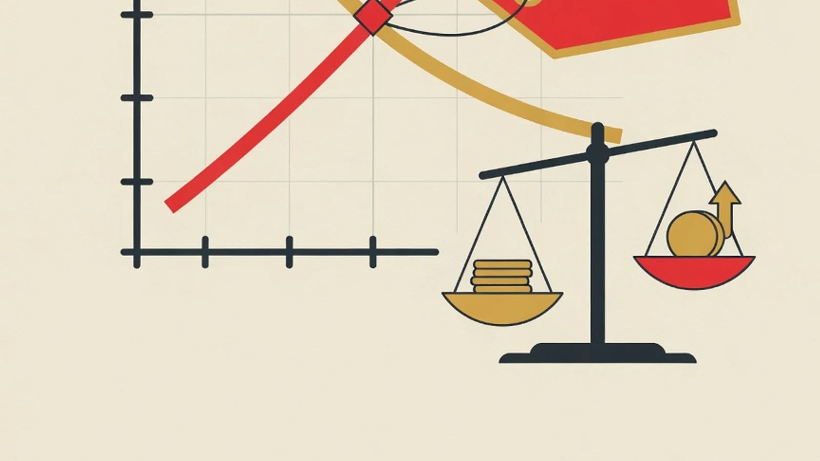 Editorial illustration of supply and demand curves intersecting at an equilibrium point with price symbols and a market balance scale