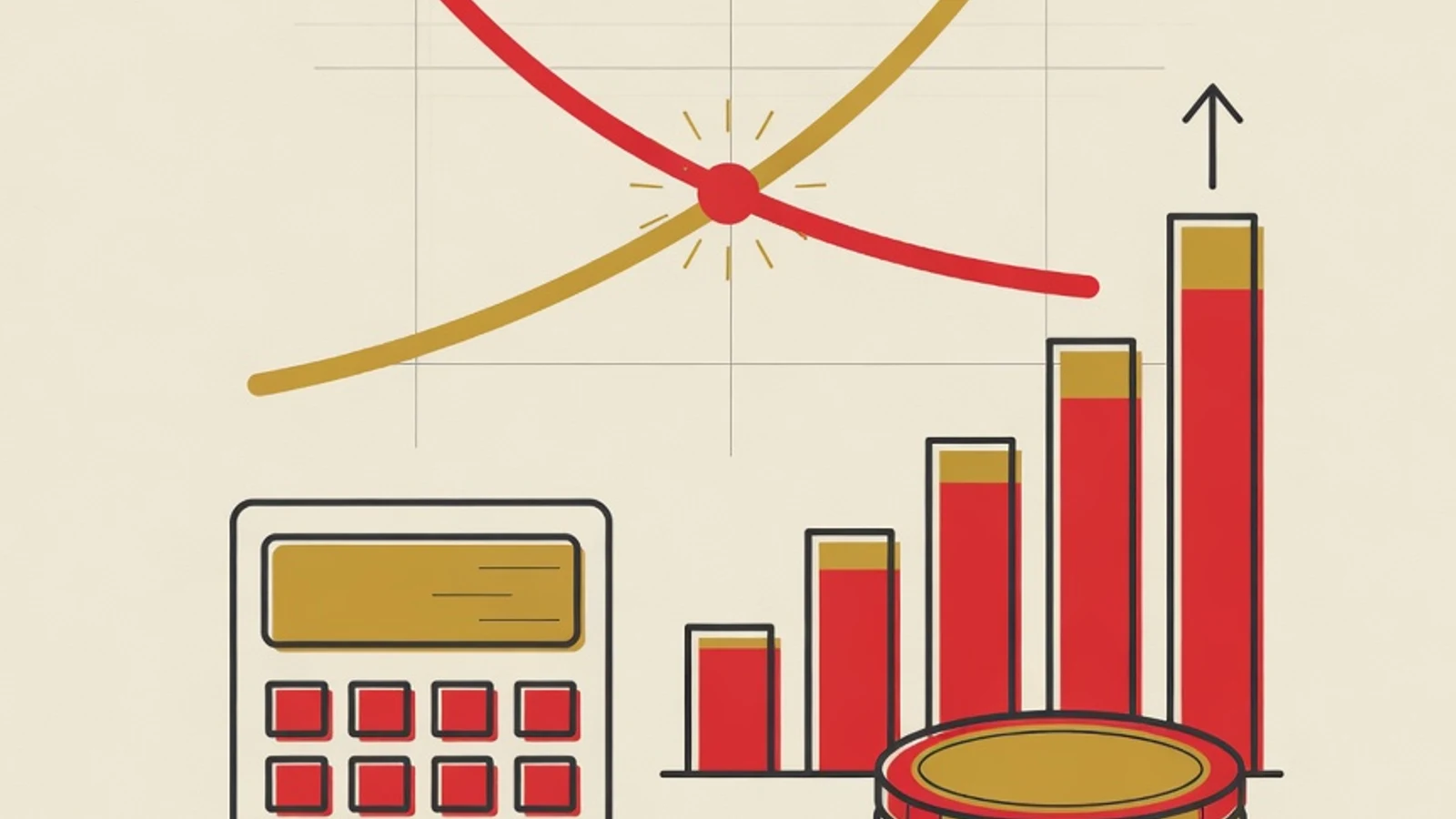 Flat vector illustration of economics formulas: intersecting demand and supply curves, a calculator, a price-index chart, and stacked coins