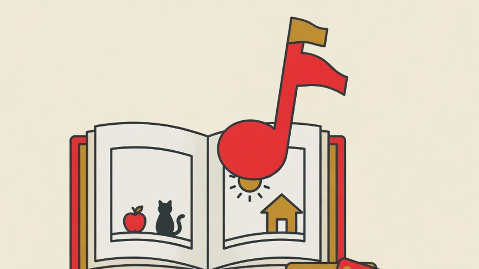 Ilustrasi datar buku cerita bergambar terbuka, not musik, balok huruf, dan kartu bergambar warna-warni bertema belajar bahasa Inggris anak yang menyenangkan