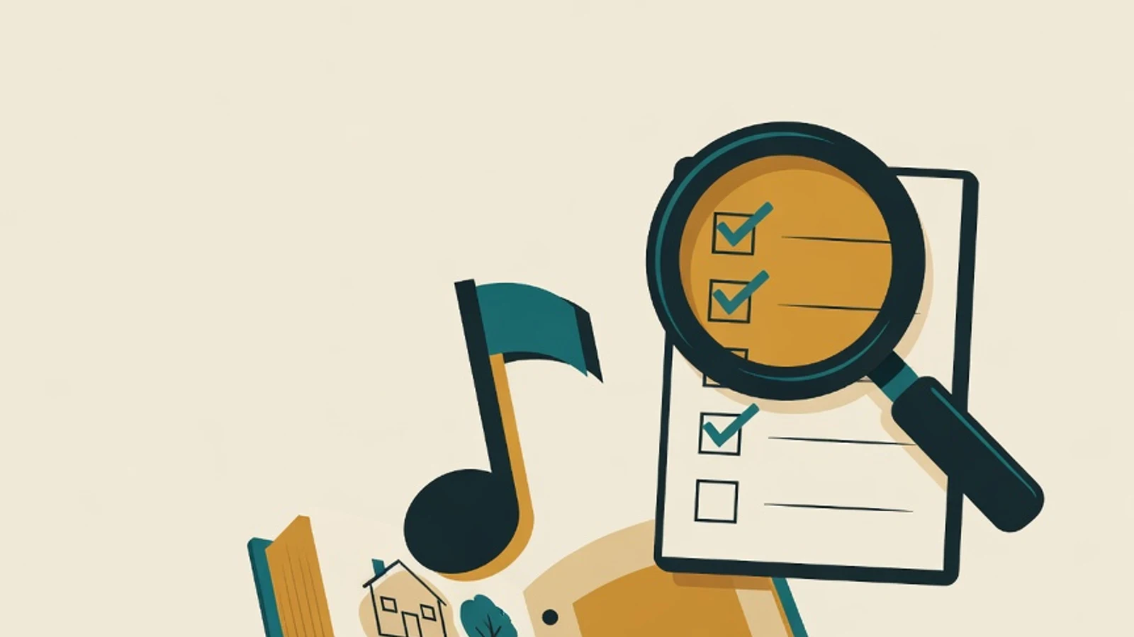 Flat illustration of a magnifying glass over a checklist, a musical note, and an open book, symbolizing carefully choosing the right English tutoring for kids