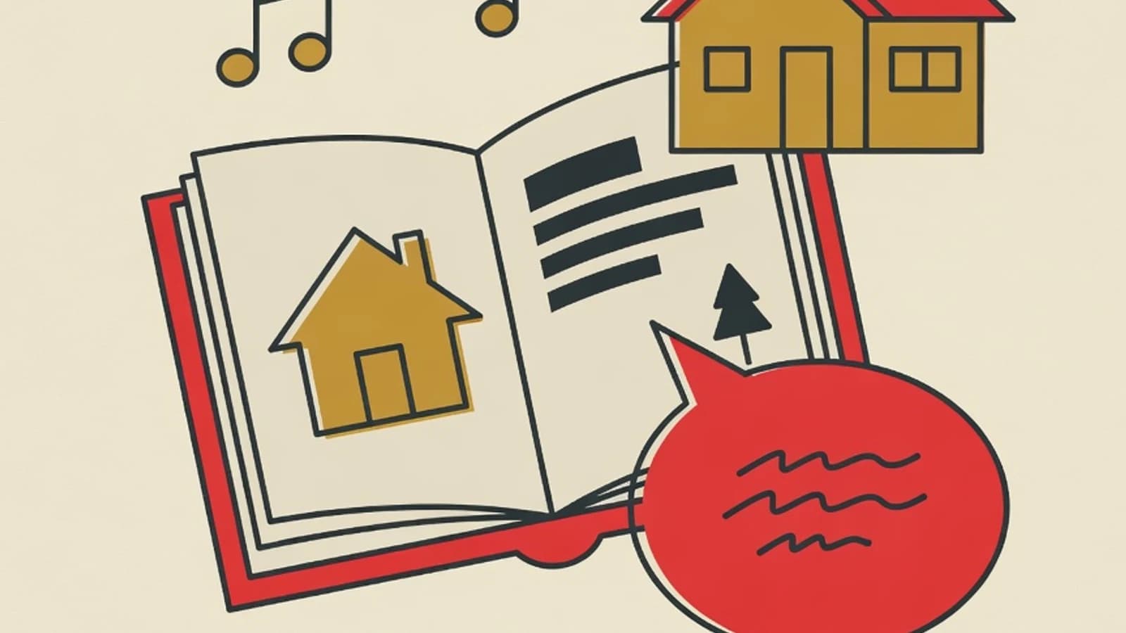 Ilustrasi datar buku cerita terbuka, rumah, gelembung percakapan, dan not lagu dengan warna brand EduPoint
