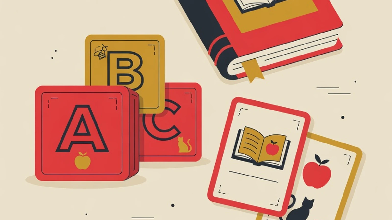 Flat illustration of a child learning English: alphabet blocks, picture cards, and a storybook