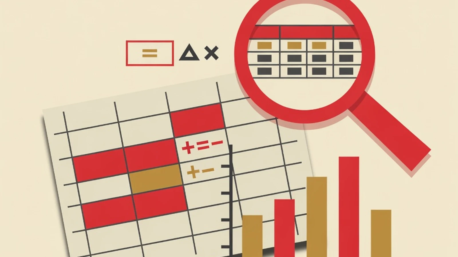 Flat editorial illustration of a celled worksheet grid, a bar chart, a formula symbol, and a magnifying glass over a data table