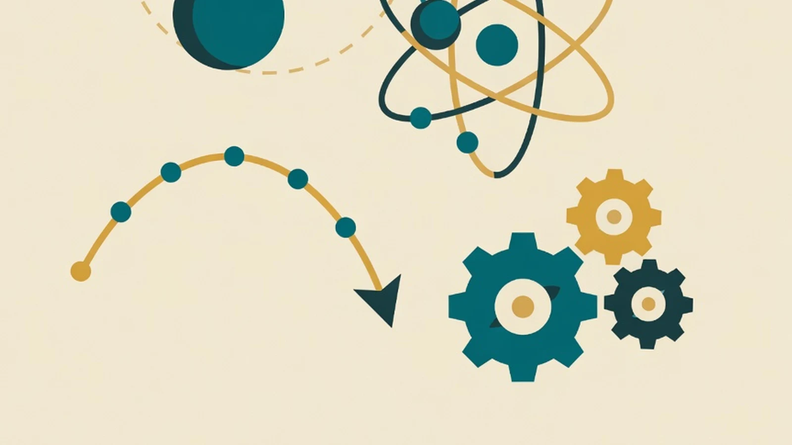 Flat vector illustration of physics concepts: a swinging pendulum, an atom with orbiting electrons, light dispersing through a prism, and a parabolic trajectory arc
