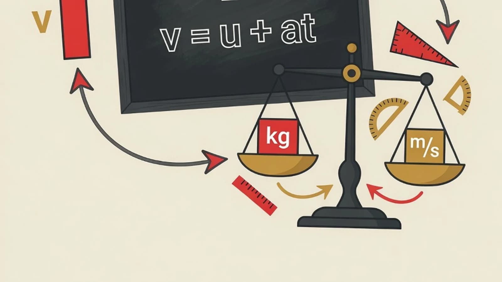 Illustration of a physics formula board with quantity symbols linked by arrows and a balance scale of units