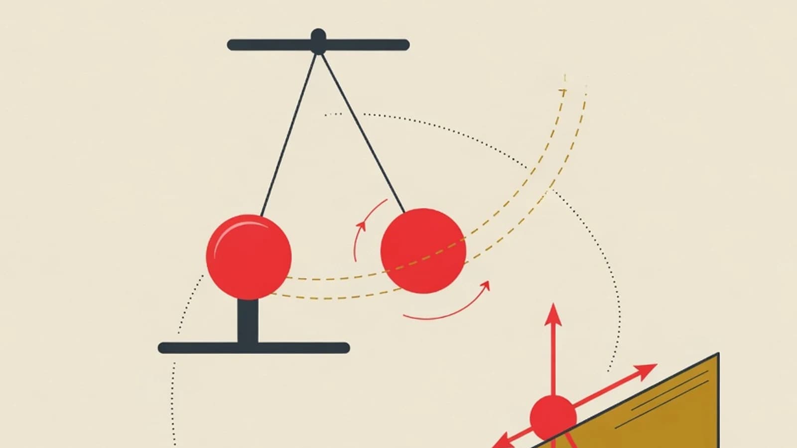Flat illustration of solving physics calculation problems: pendulum, force arrows, motion graph, and inclined plane