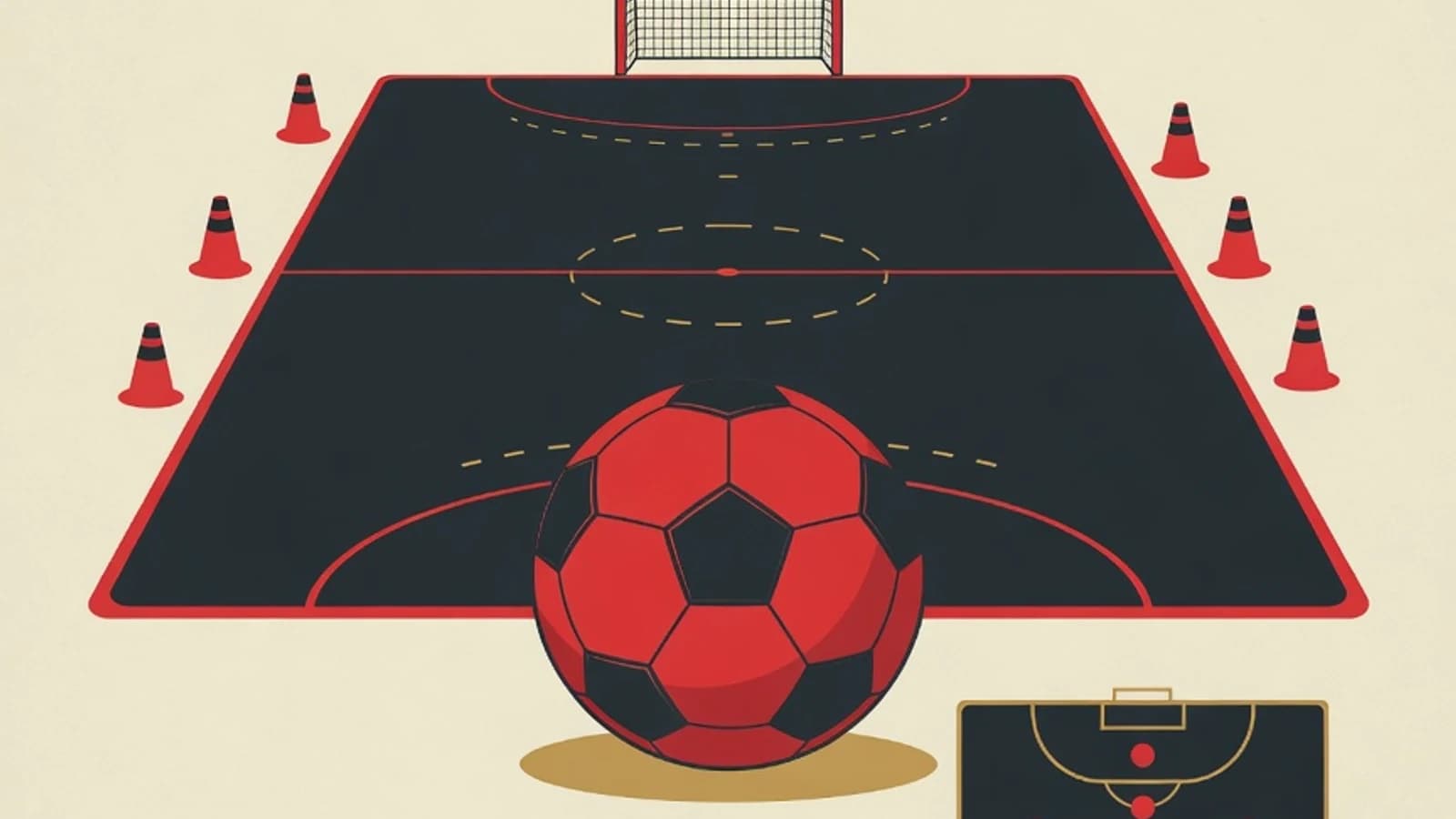 Flat illustration of a futsal ball, an indoor court with a goal, cone markers, and a 2-2 formation diagram