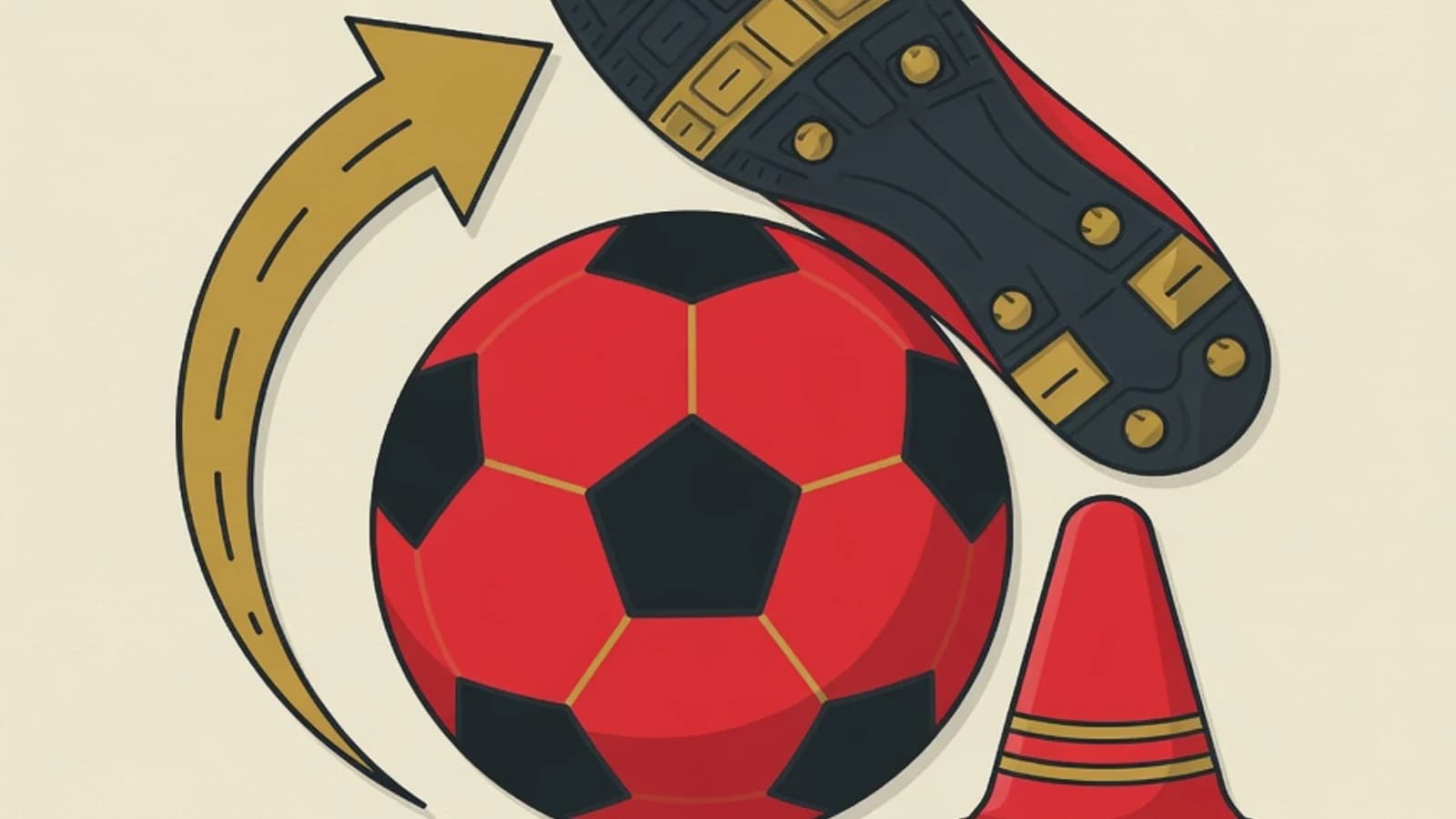 Ilustrasi datar bola futsal ukuran 4, telapak sepatu futsal menahan bola dari atas, cone penanda, dan panah arah sentuhan pertama