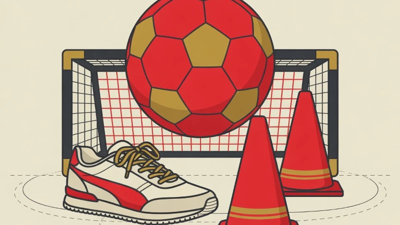Ilustrasi datar bola futsal, cone penanda, gawang mini, dan sepatu untuk latihan dasar futsal anak