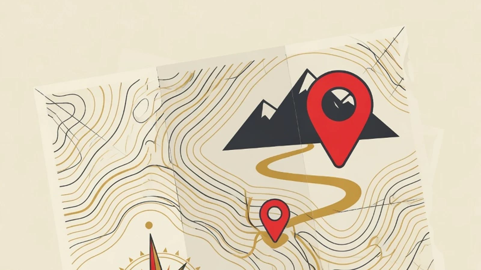 Illustration of learning geography through maps: an open map, a compass rose, contour lines, and silhouettes of mountains and rivers