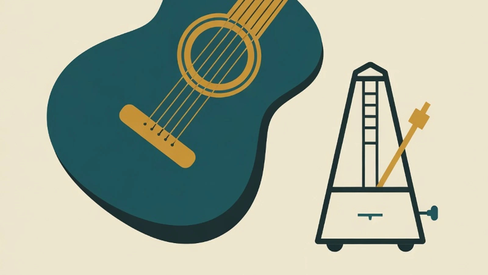 Flat illustration of an acoustic guitar with chord diagrams on the fretboard, a tuning peg, and a metronome
