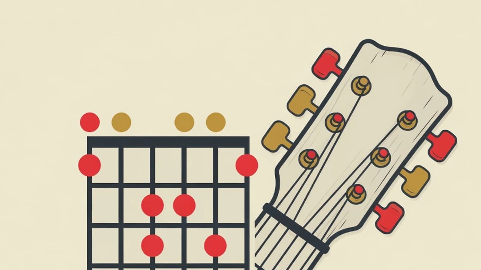 Flat editorial illustration of open guitar chord diagrams with finger positions on the fretboard in the EduPoint style