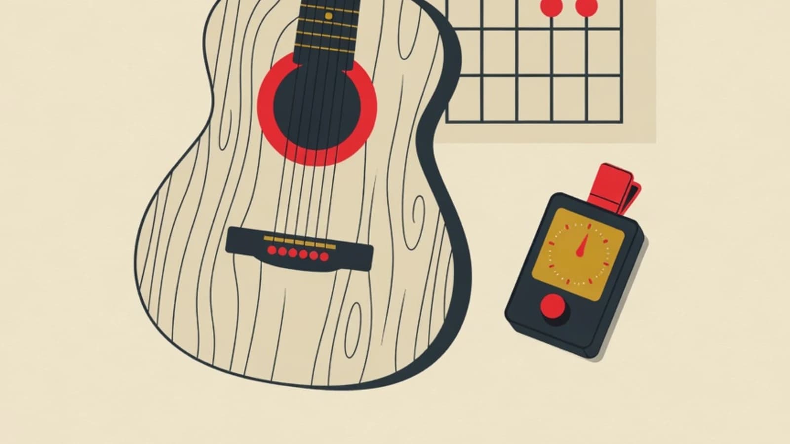 Flat illustration of tuning a guitar: a headstock with pegs, a clip-on tuner, and a string-note diagram