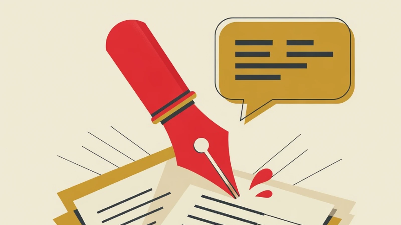 Flat illustration of IELTS writing practice: fountain pen, stacked paper sheets, and a quote bubble