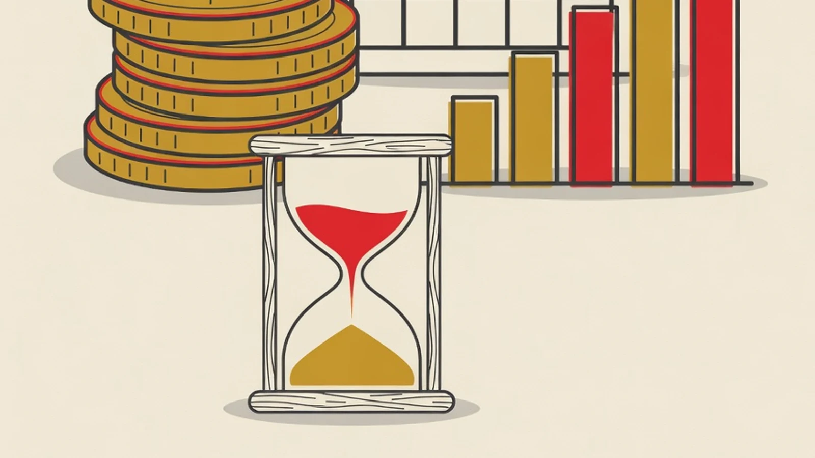 Flat illustration of IELTS preparation cost and duration: stacked coins beside a calendar grid, a rising staircase bar chart, and an hourglass in the brand palette