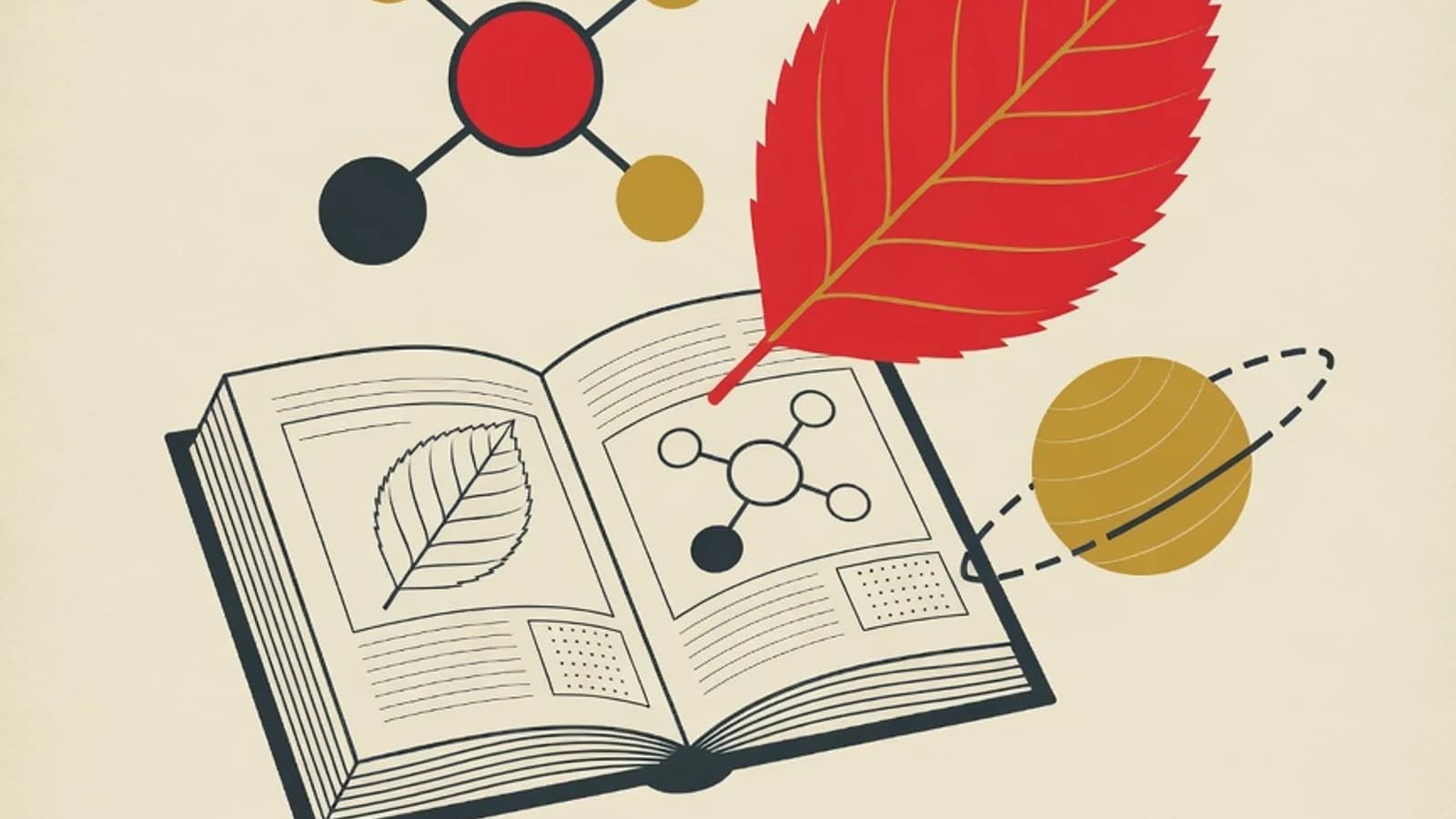 Ilustrasi datar buku sains terbuka, daun, diagram molekul air, dan planet kecil dengan cincin orbit dalam palet brand EduPoint
