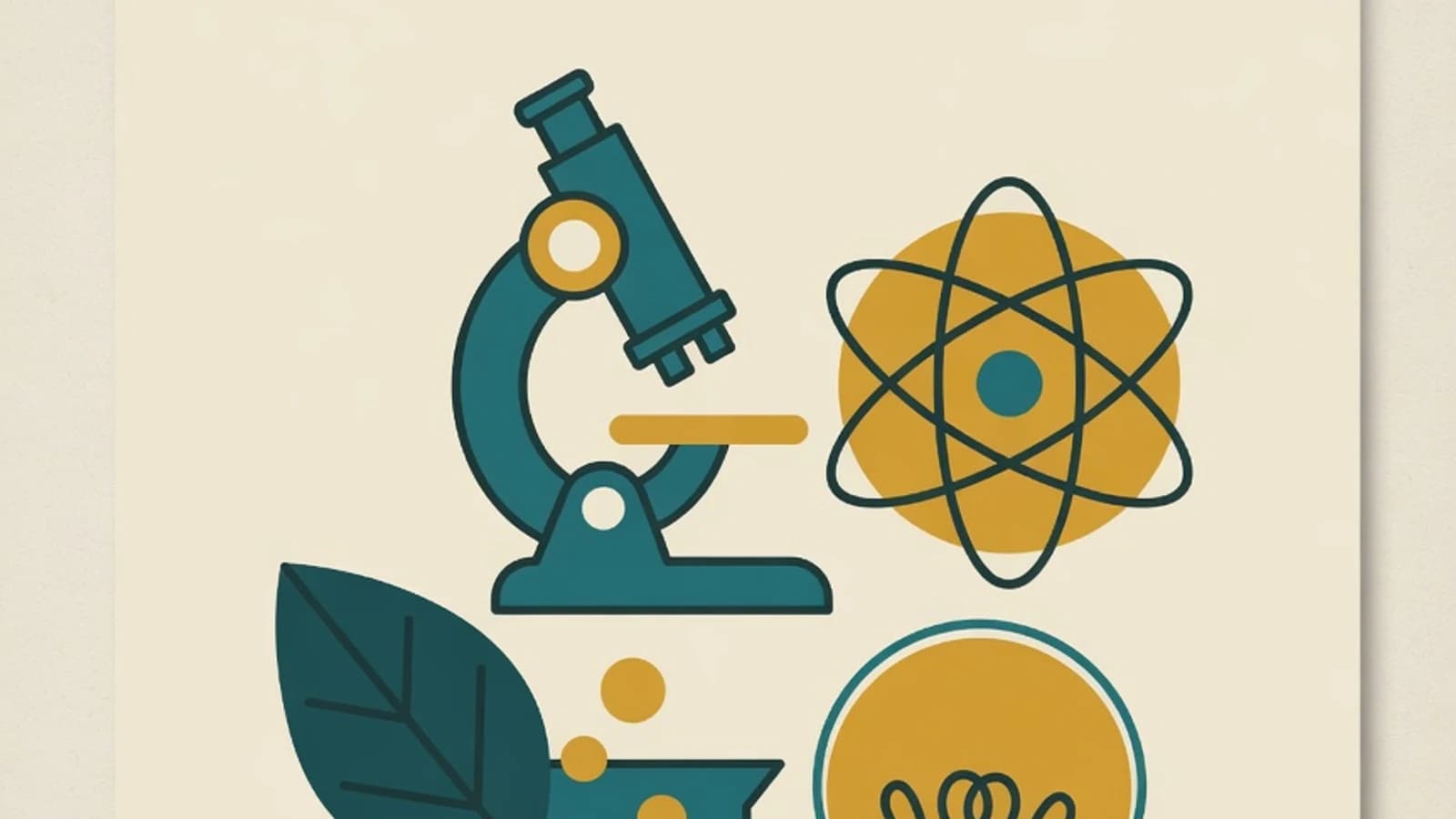 Flat illustration of a microscope, atom symbol, leaf, beaker, and light bulb representing learning integrated science