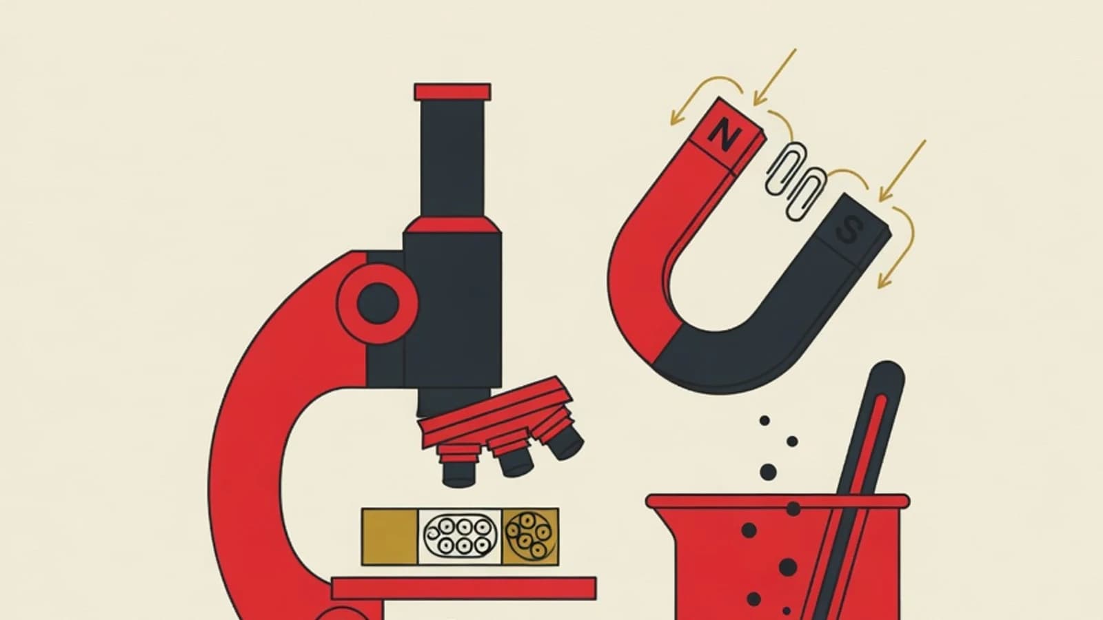 Flat illustration of junior high science exam preparation: microscope, measuring beaker, magnet, and a plant diagram on a study desk