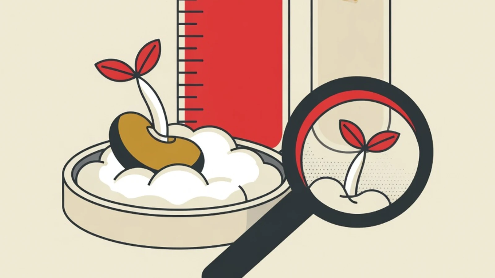 Flat illustration of a bubbling beaker, an egg floating in a tall glass, a sprouting seed in cotton, and a magnifying glass as symbols of simple home science experiments