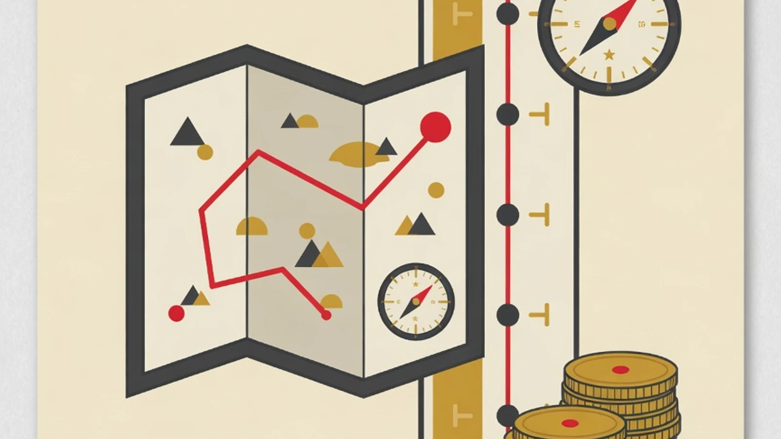 Flat illustration of a folded route map, a dotted timeline, a compass, and a stack of coins representing integrated social studies