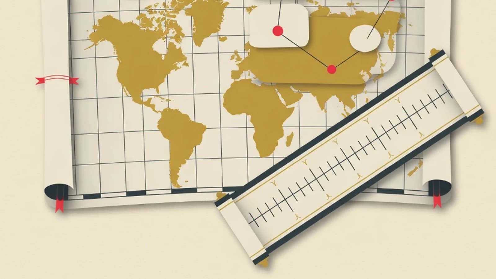 Editorial illustration of a world map, a branching concept-map diagram, and a history timeline for studying social studies