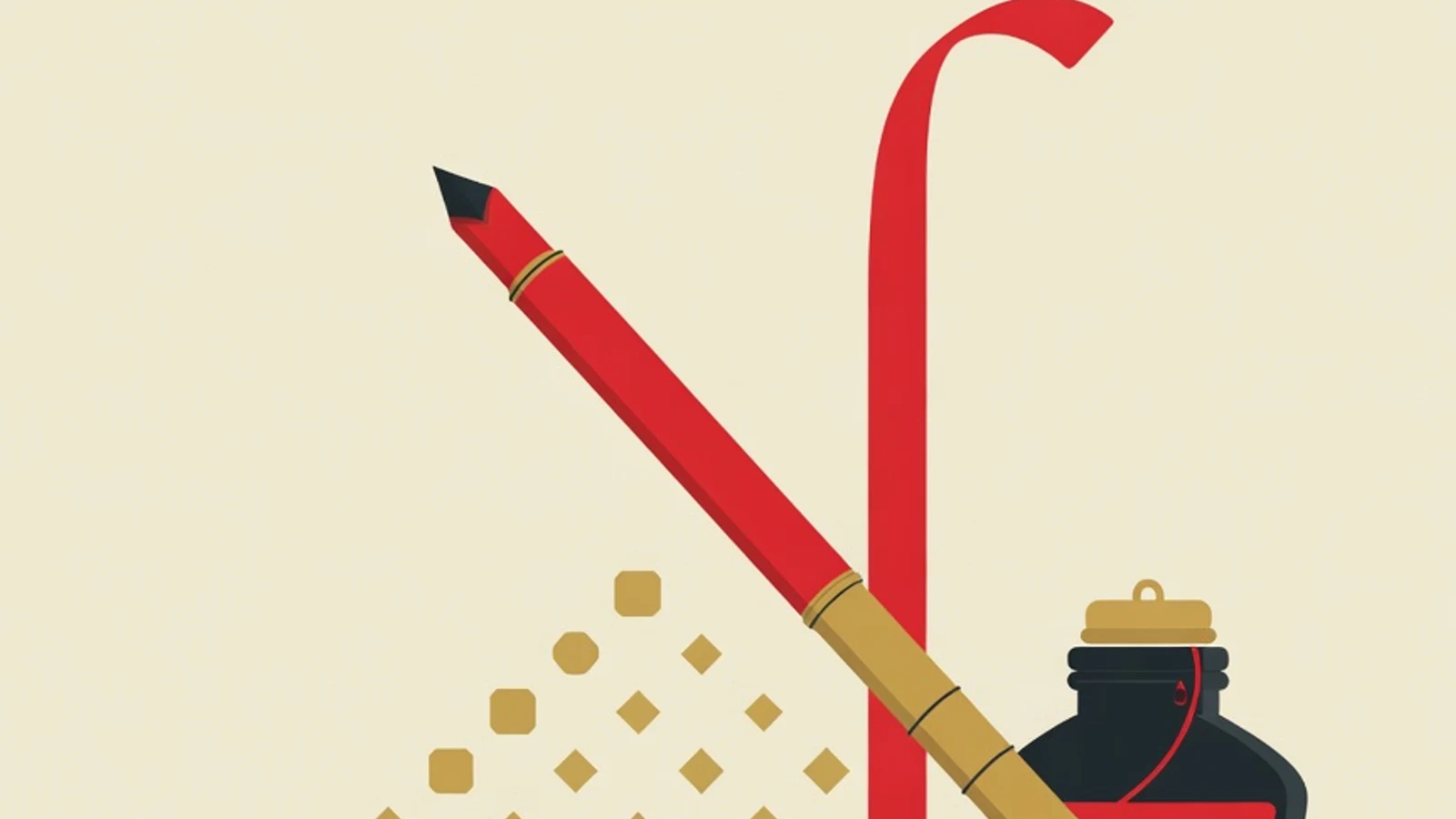 Flat vector illustration of beginner Arabic calligraphy tools: a chisel-tip qalam, an ink bottle, rhombic dots as a measuring unit, and an upright alif letter on a baseline