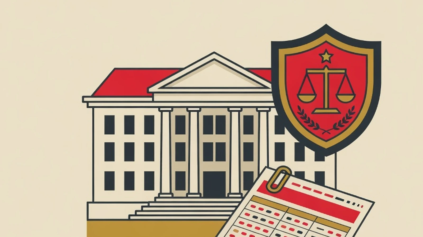 Flat editorial illustration on official-service school selection: a ministry building emblem, staged staircase steps, and an official exam answer sheet