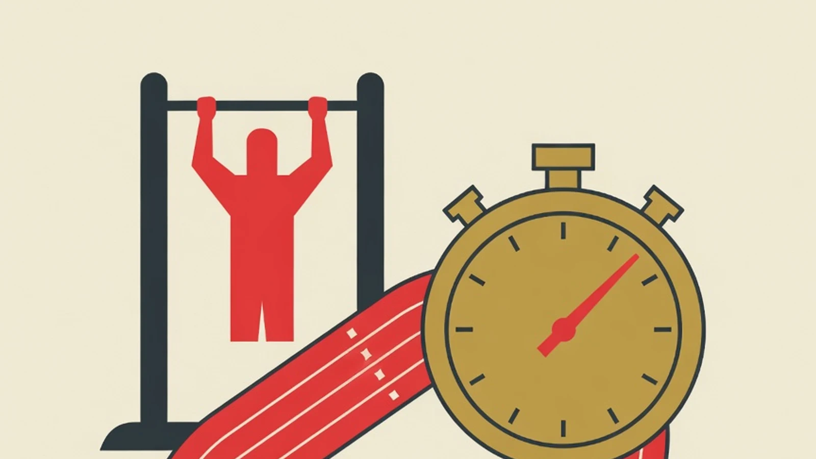 Ilustrasi datar lintasan lari dengan stopwatch, palang tarik, dan kerucut lintasan angka delapan untuk tes kesamaptaan jasmani