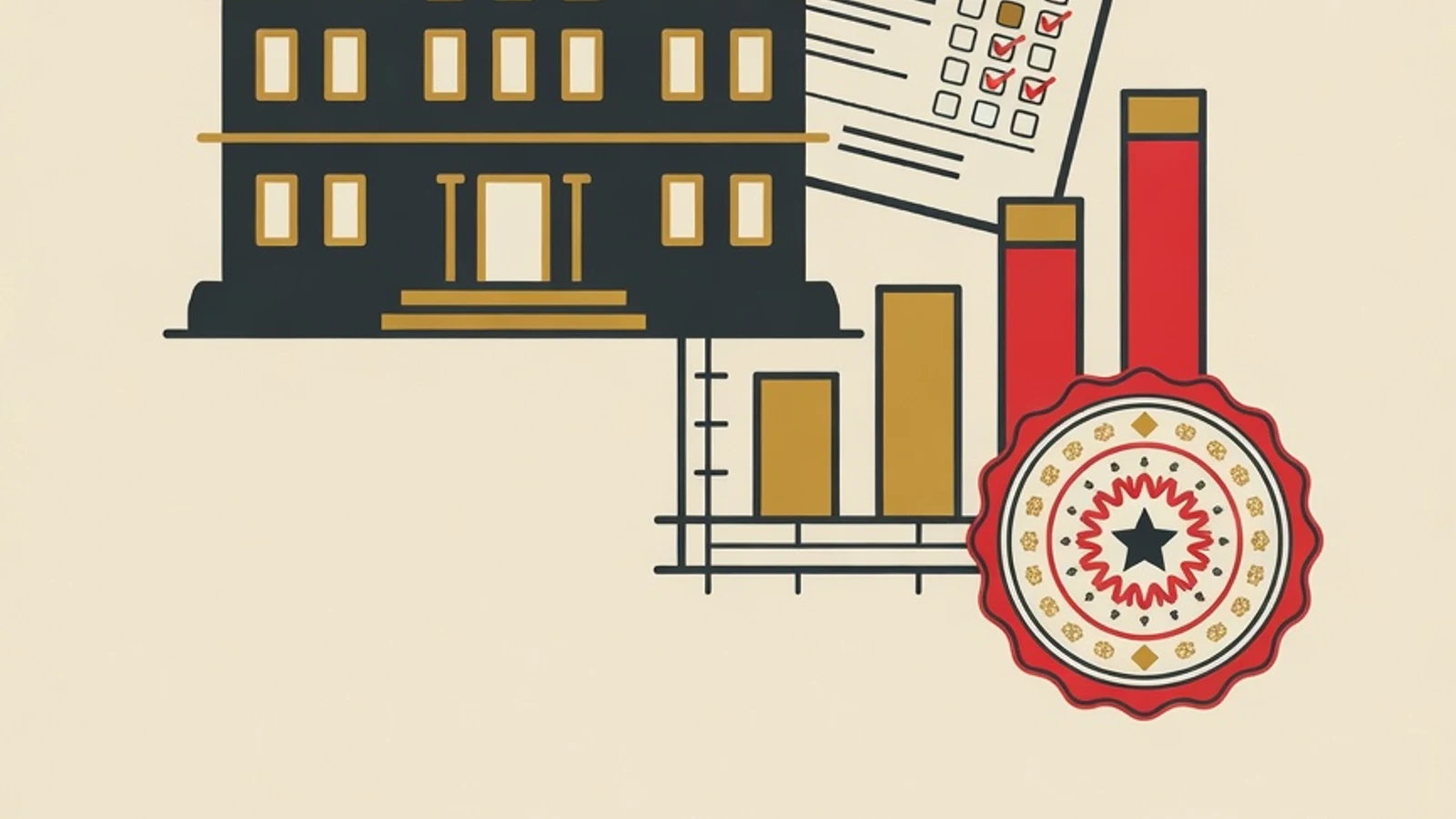 Ilustrasi vektor gedung sekolah kedinasan berbendera, lembar jawaban ujian, grafik batang peringkat menaik, dan stempel resmi dengan palet brand EduPoint