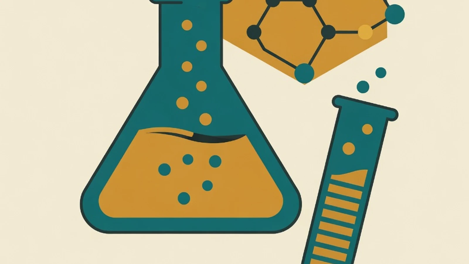 Flat illustration of an Erlenmeyer flask with liquid, a hexagonal molecule structure, and a test tube in teal and mustard tones