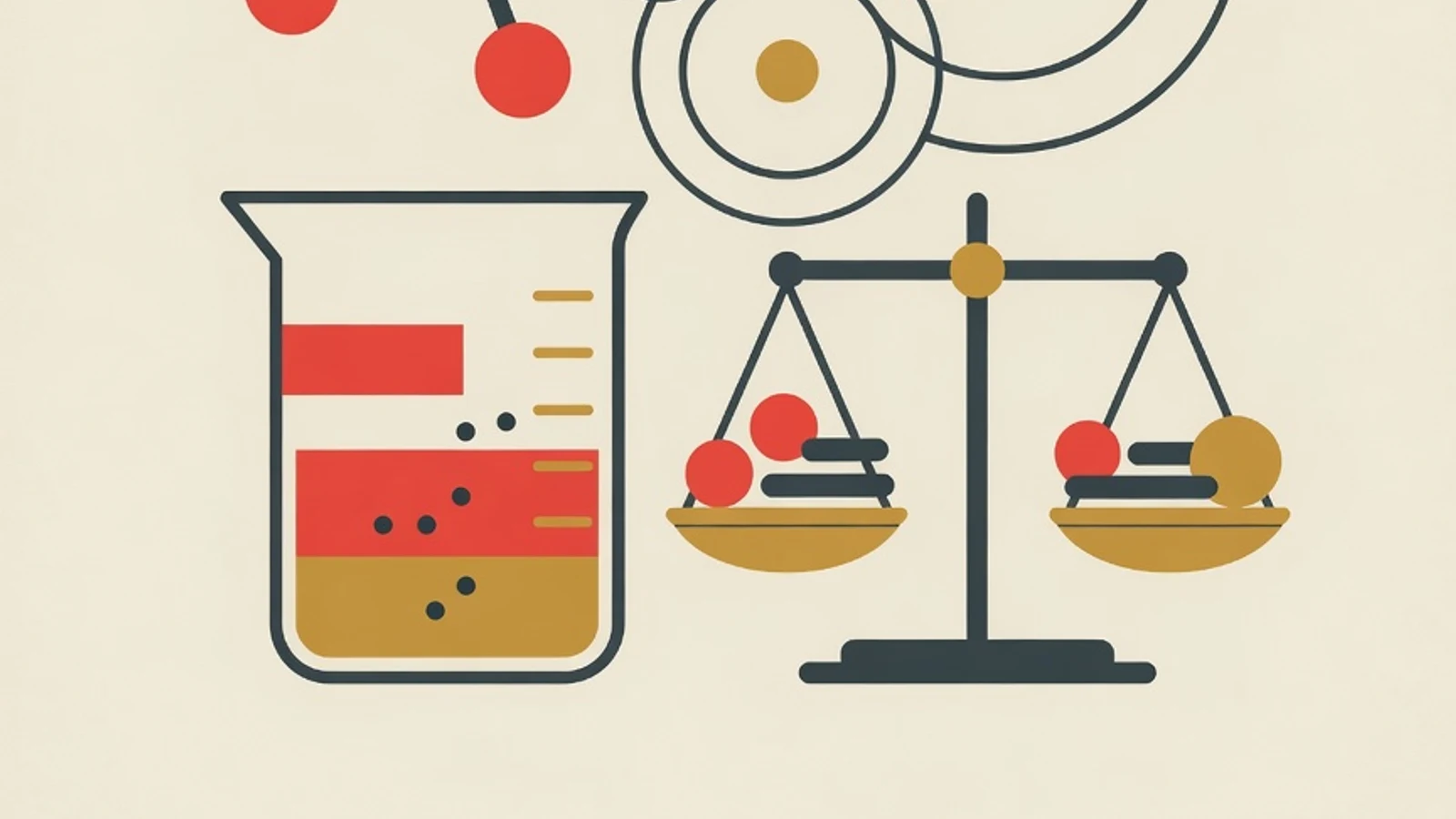 Illustration of balancing a chemical reaction: molecules, atoms, a beaker, and a balance scale