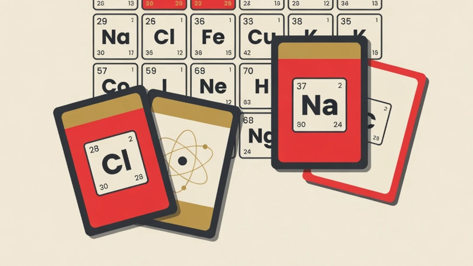 Flat illustration of chemistry element flashcards and a periodic table grid with an orbiting-electron atom