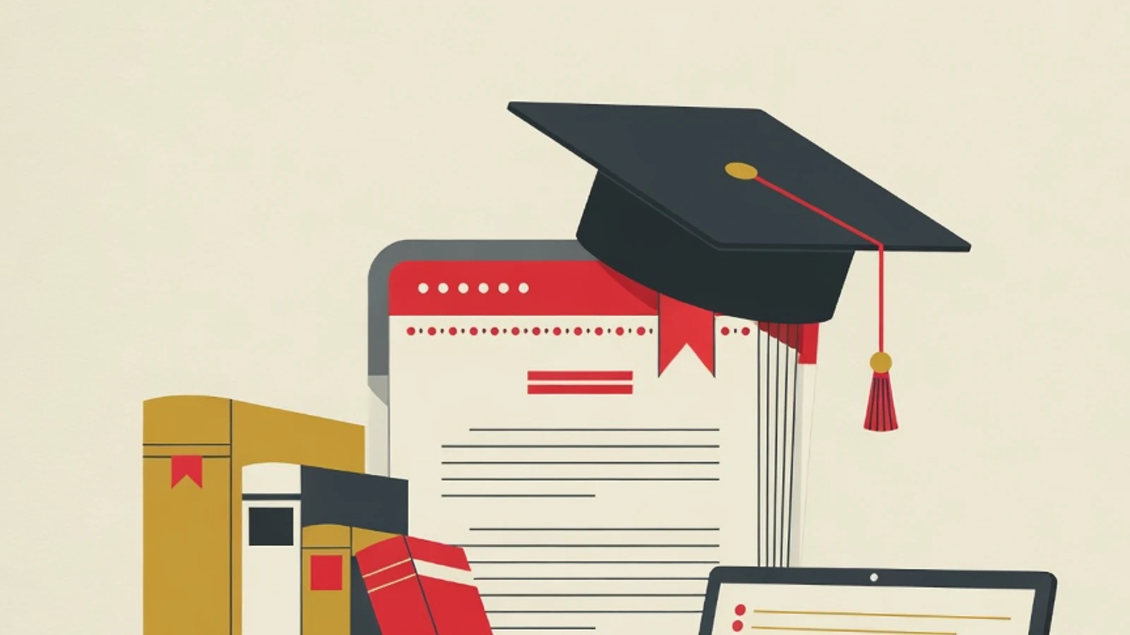 Flat illustration of choosing a thesis advisor: a thesis document, a stack of books, and consultation notes