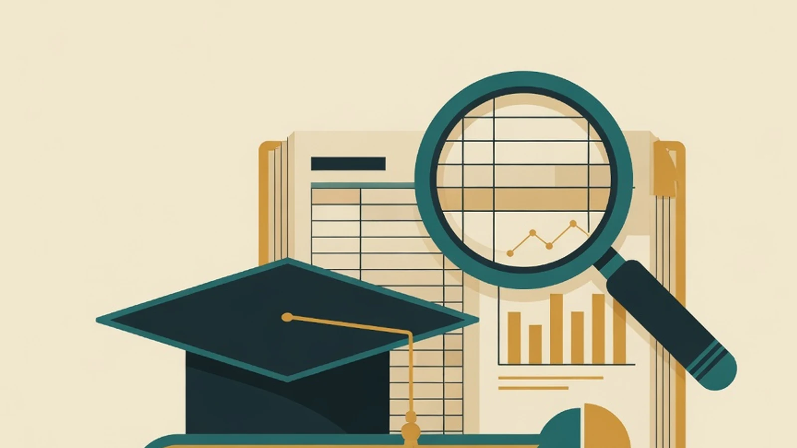 Ilustrasi datar topi wisuda, dokumen skripsi berisi tabel dan grafik, serta kaca pembesar yang menyorot data penelitian