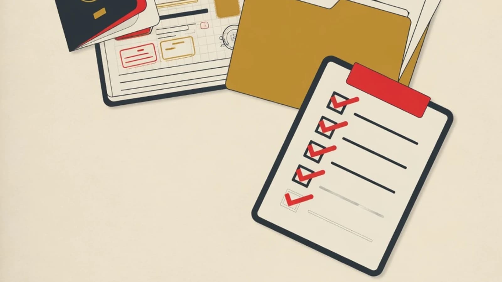 Flat illustration of an open passport, an application document folder, a paper airplane, and a checklist with checkmarks in the EduPoint brand palette