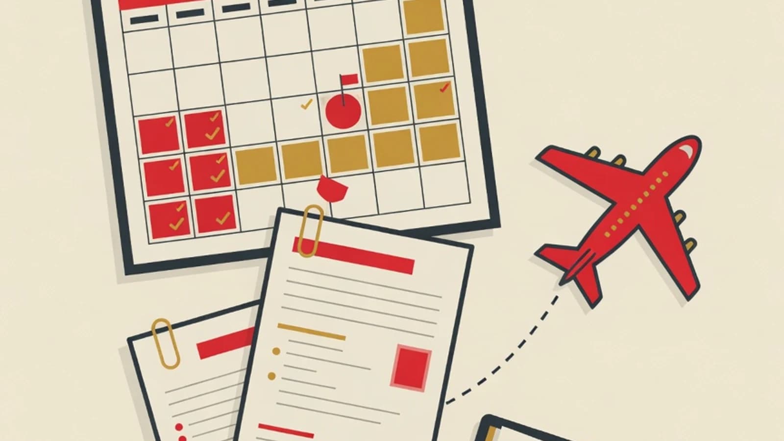 Flat illustration of a study abroad preparation timeline: a wall calendar with marked deadline dates, a stack of application documents, an airplane, and a passport booklet