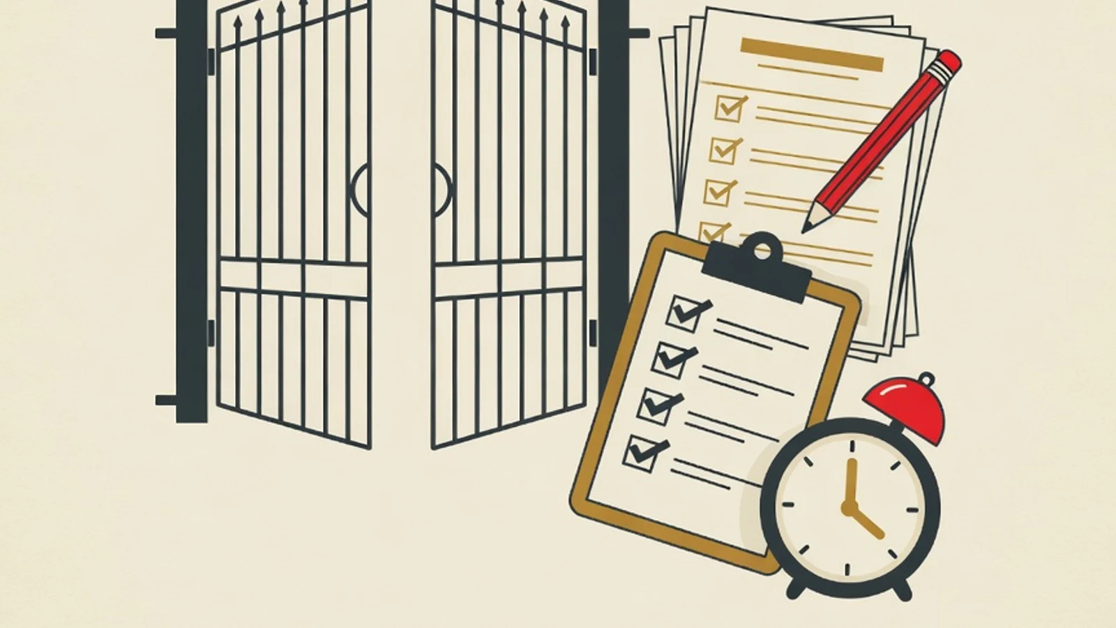 Flat illustration of a school gate with a pennant, a stack of exam papers with a pencil, a checklist board, and an alarm clock in EduPoint red and yellow tones
