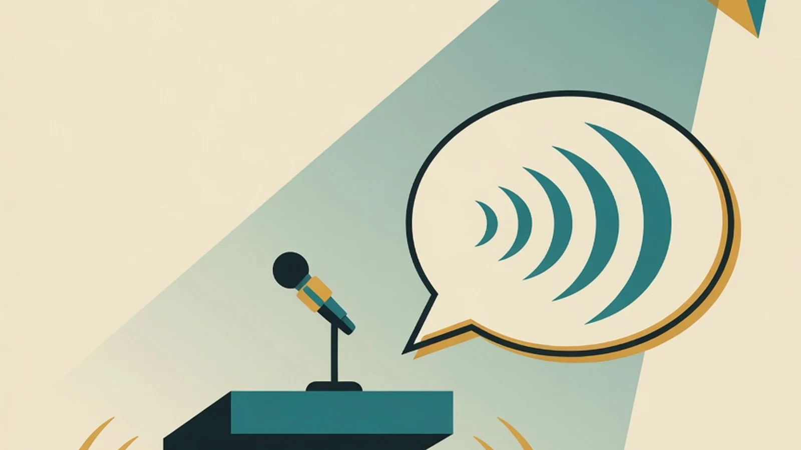 Flat illustration of a podium with a microphone, a speech bubble, and sound waves for a guide on learning public speaking for beginners