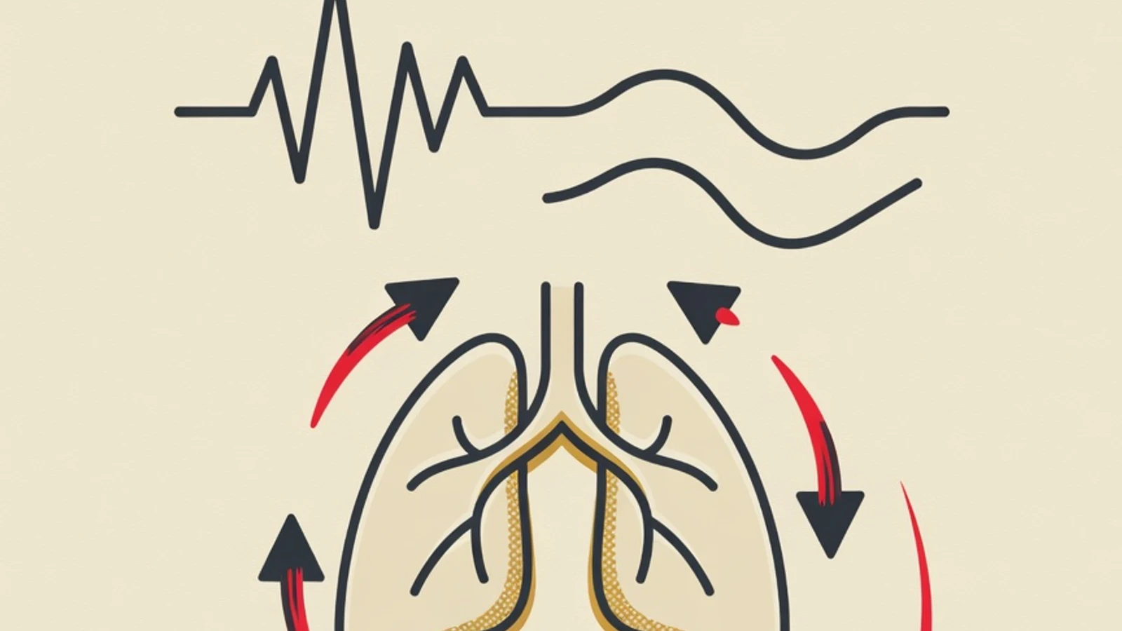 Flat illustration of a heartbeat line easing into a calm wave, lungs with four-count breathing arrows, and a rising spark of energy for the guide on overcoming presentation nerves