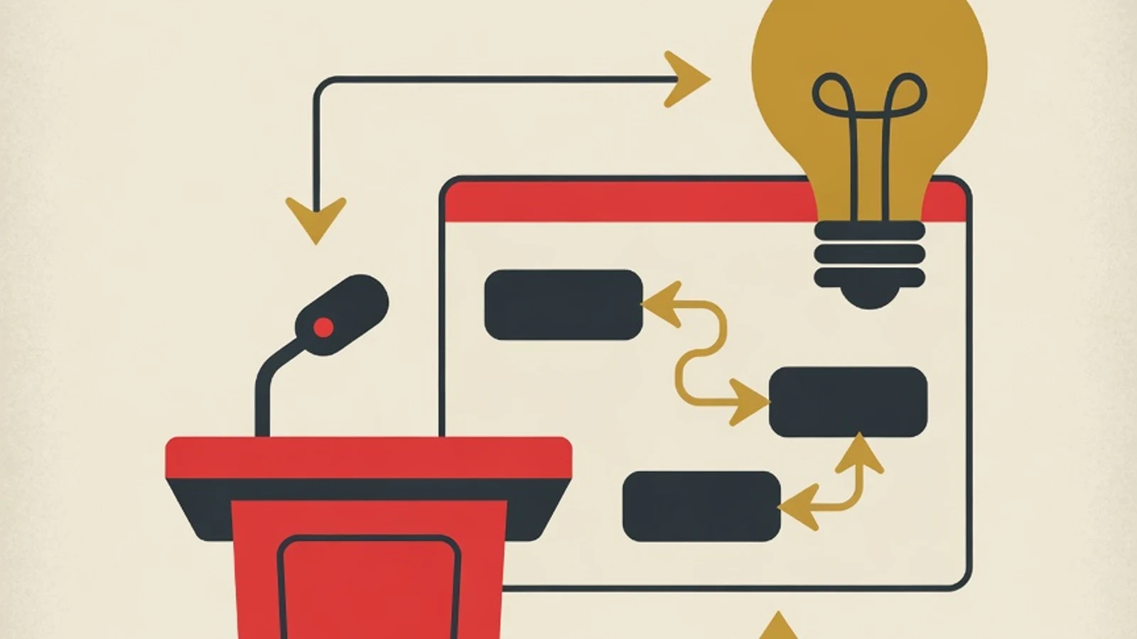 Flat illustration of a podium with a microphone, a presentation slide with flow blocks, and an idea lightbulb in EduPoint brand colors