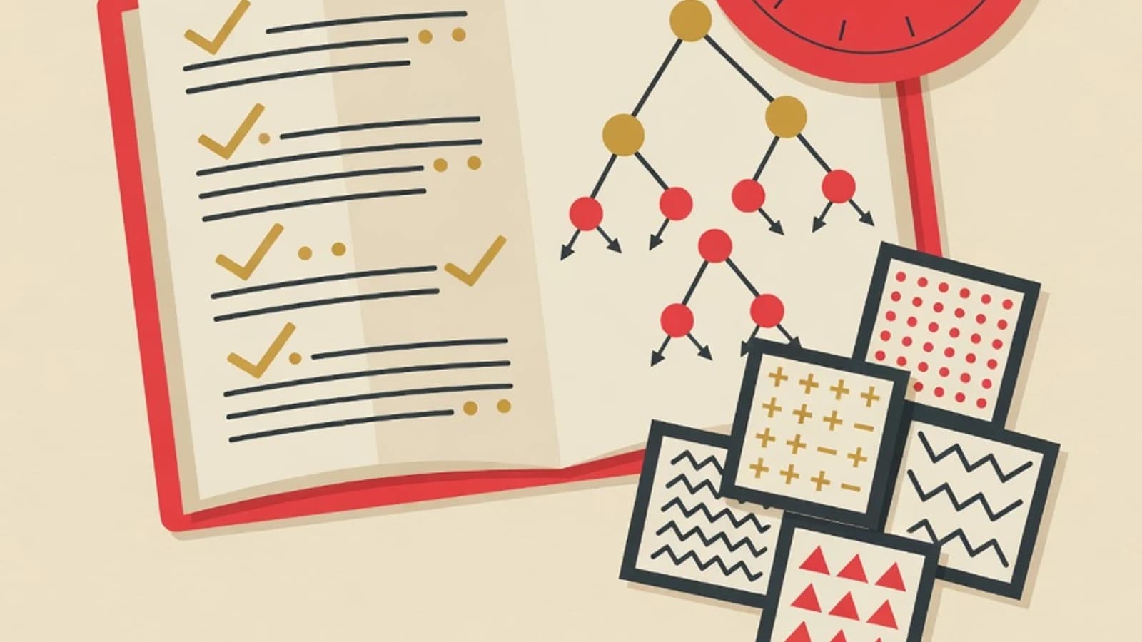 Flat editorial illustration of an open reasoning-test booklet, a stopwatch, a branching logic diagram, and number-pattern tiles for studying the UNAIR Independent Selection TPA