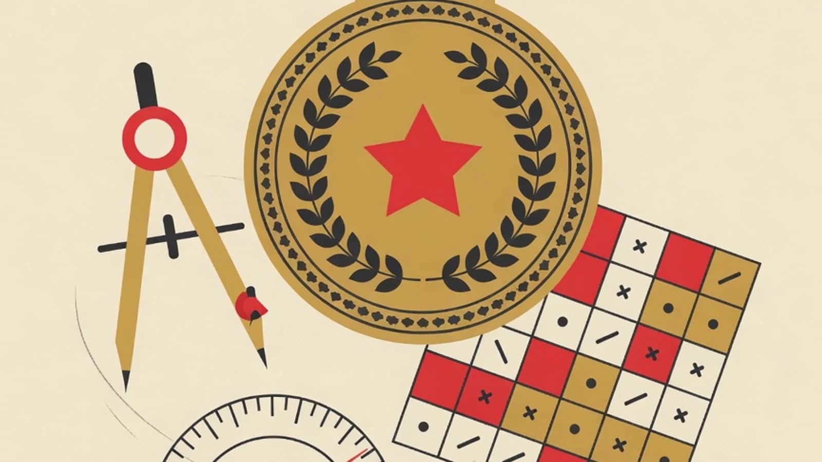 Flat editorial illustration on a math olympiad theme: a medal, geometric shapes, a number grid, a compass and protractor in the EduPoint brand palette