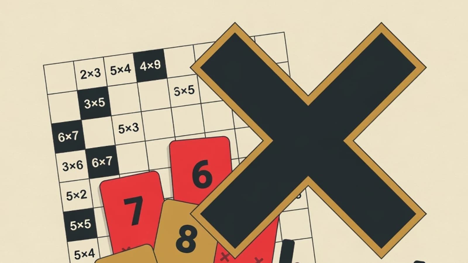 Flat illustration of a multiplication table, number cards, a large times sign, and an abacus in the EduPoint brand palette