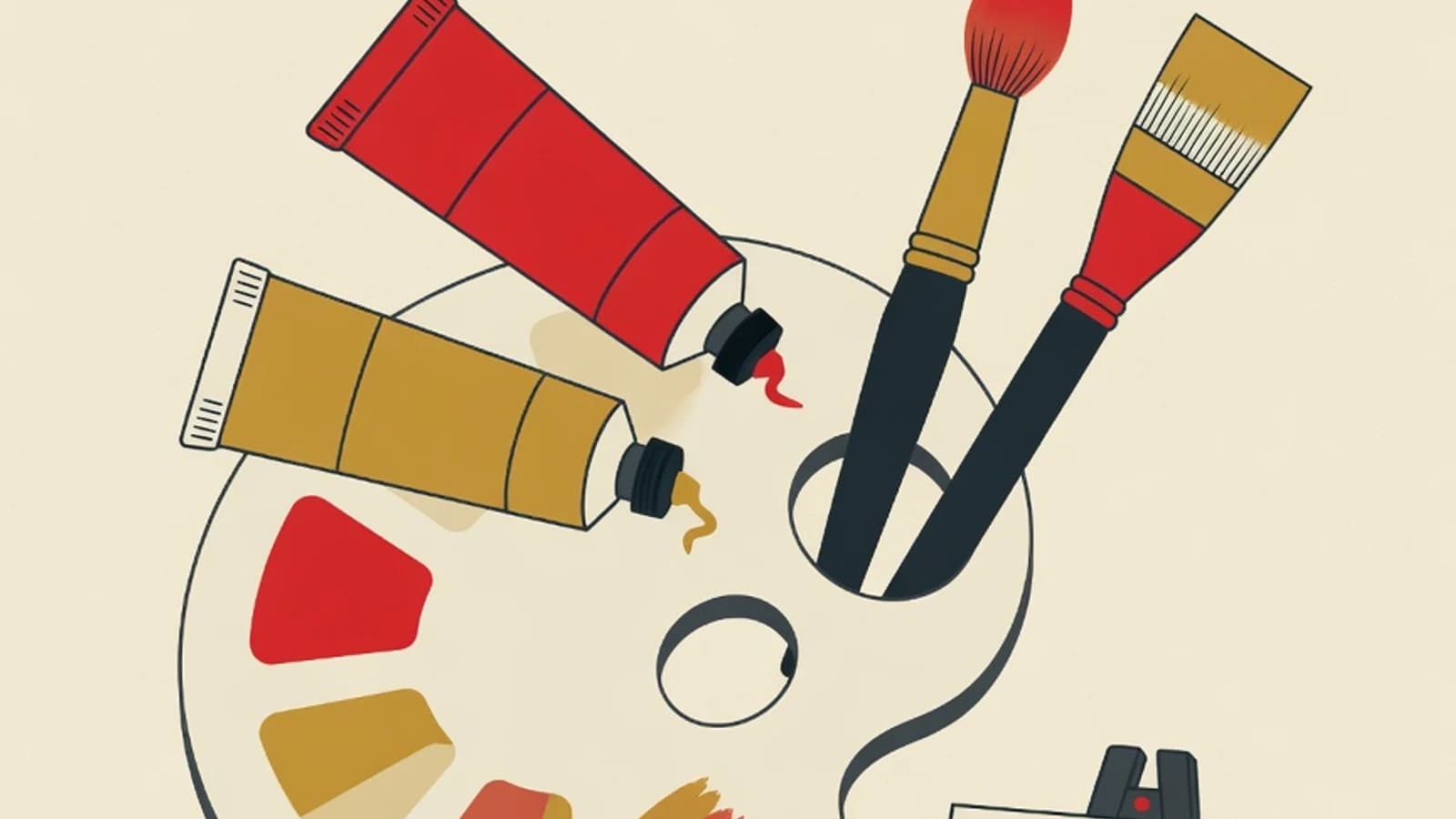 Flat illustration of a paint palette with color mixes, round and flat brushes, paint tubes, and a small canvas on an easel