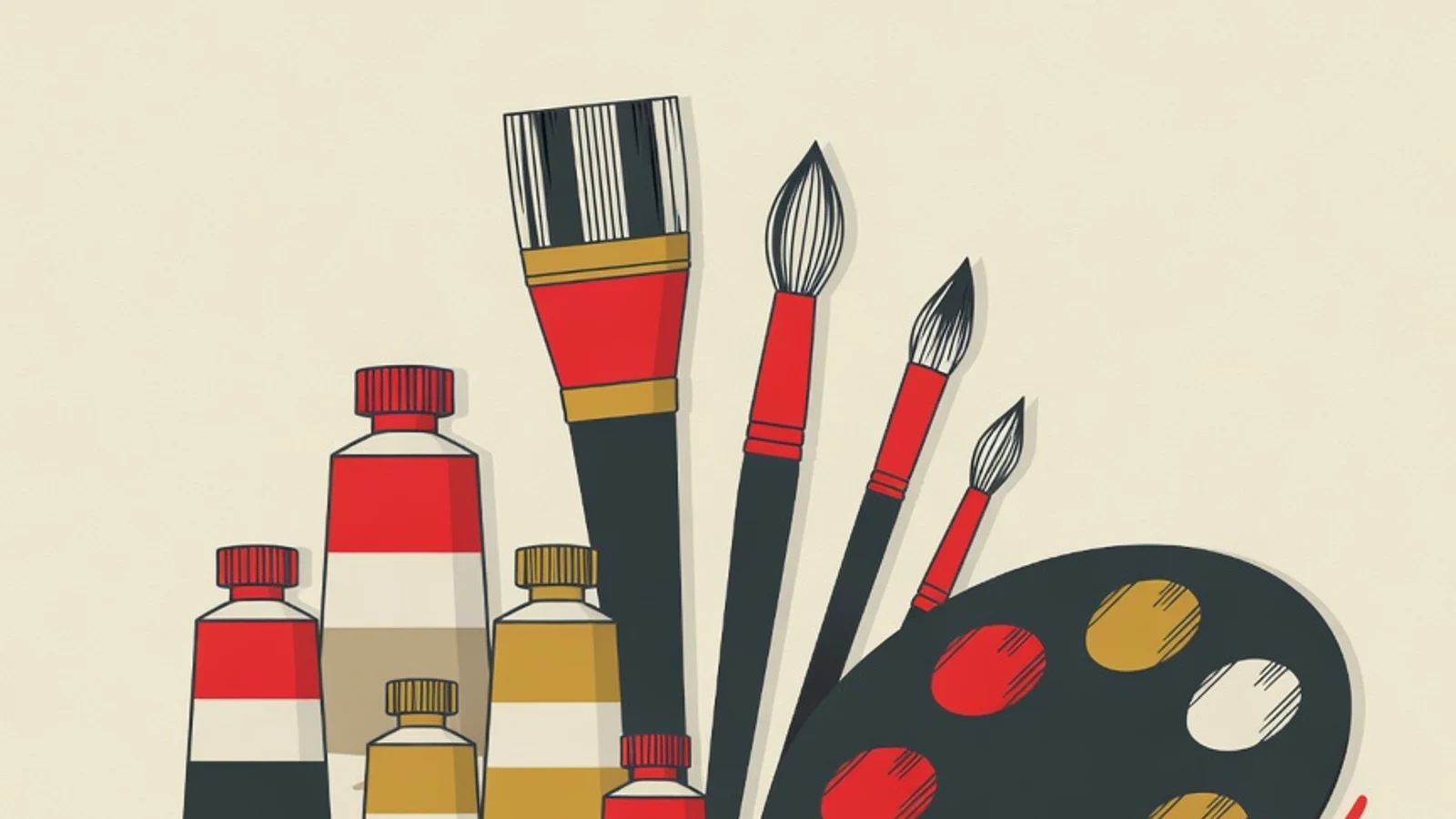 Flat illustration of a row of paint tubes, brushes in several sizes, a mixing palette, and a small blank canvas on an easel